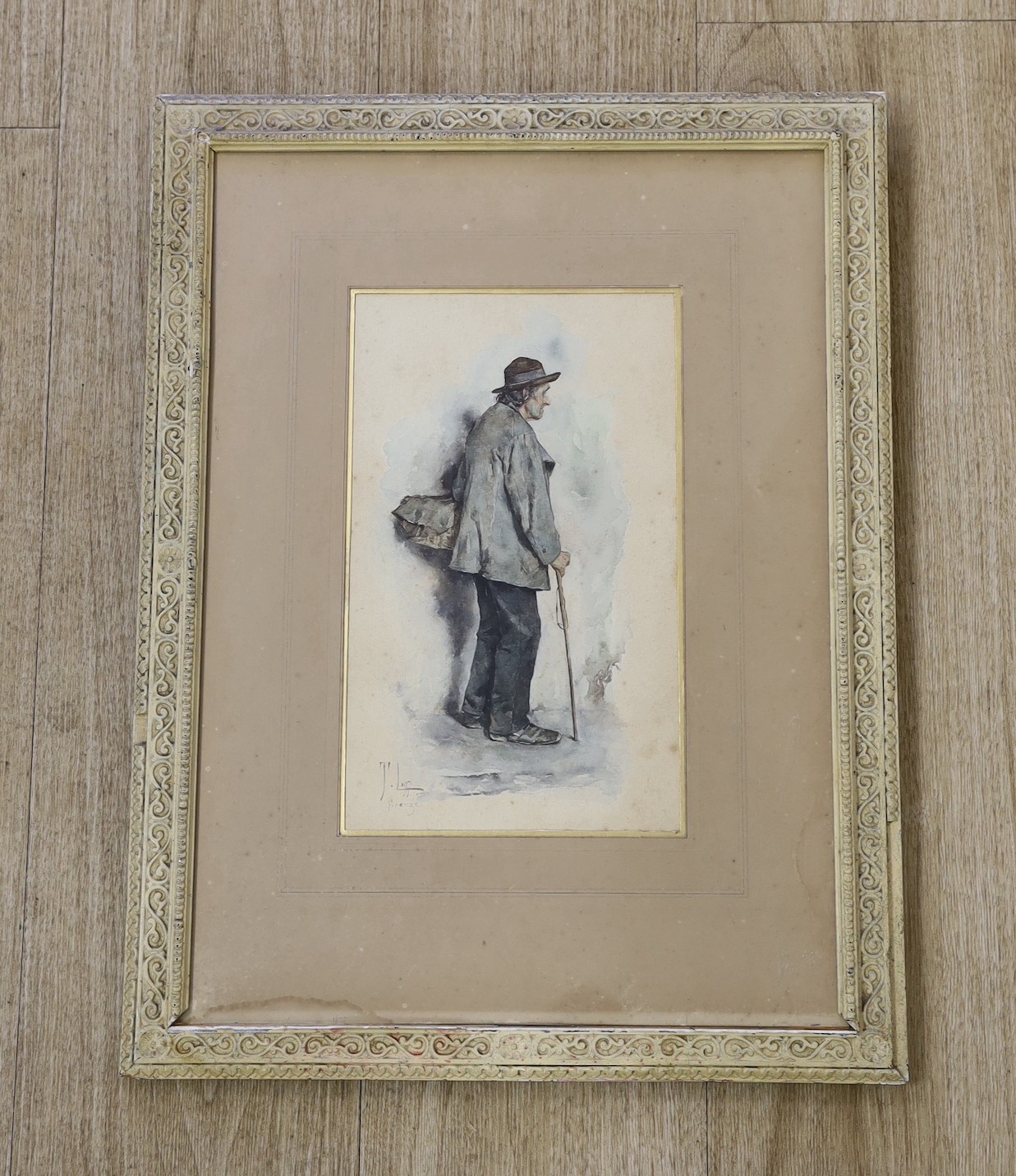 Tito Lessi (Italian, 1858-1917), watercolour, Study of a man holding a walking stick, signed and inscribed Ferenze, 29 x 17.5cm